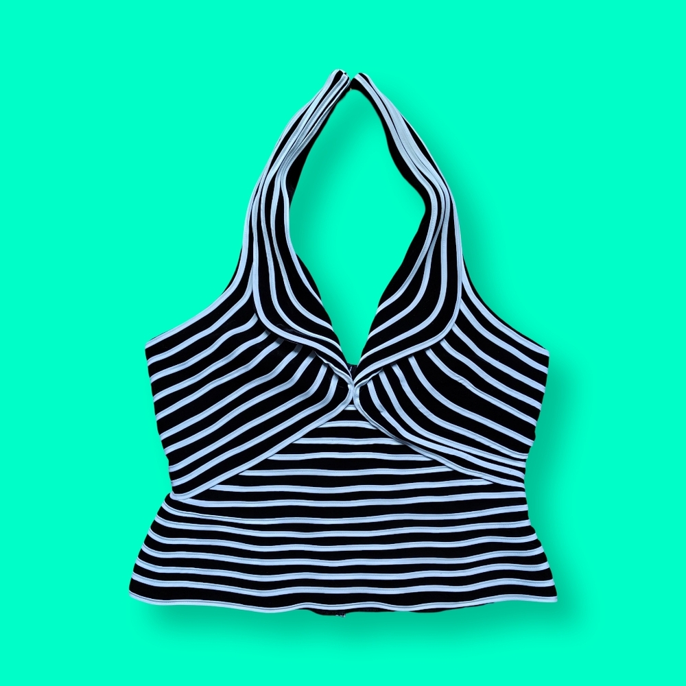 90s Vintage Womens Black & White Striped Velvet Sculptural Tank Top 12 Large